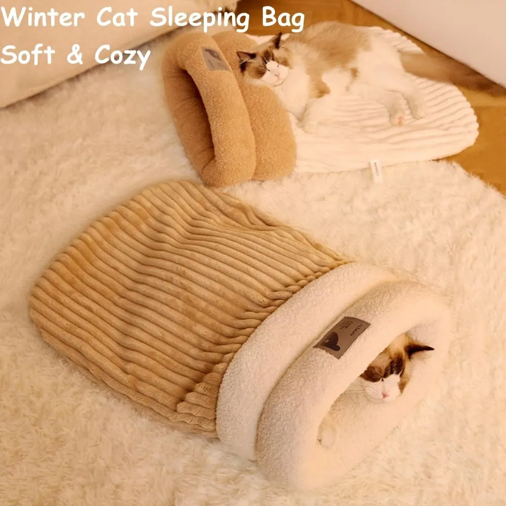 Cat Sleeping Bag for Indoor Cats Cozy Winter Cat Sleeping Bag Soft Plush Cats Sack Self Warm Bed Cave Fluffy Kitten Hideaway Calming Tunnel Bed for Kittens (Gray, L-21.3x17.7in)