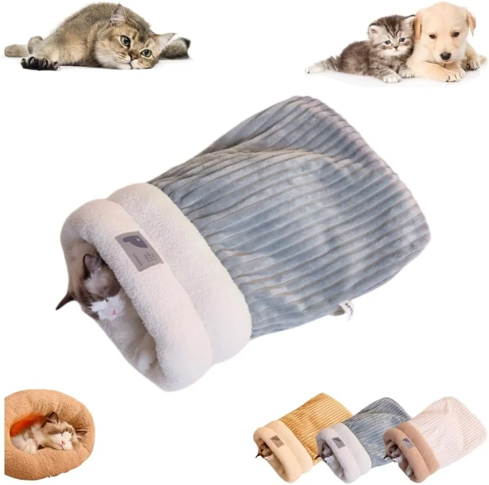 Cat Sleeping Bag for Indoor Cats Cozy Winter Cat Sleeping Bag Soft Plush Cats Sack Self Warm Bed Cave Fluffy Kitten Hideaway Calming Tunnel Bed for Kittens (Gray, L-21.3x17.7in)