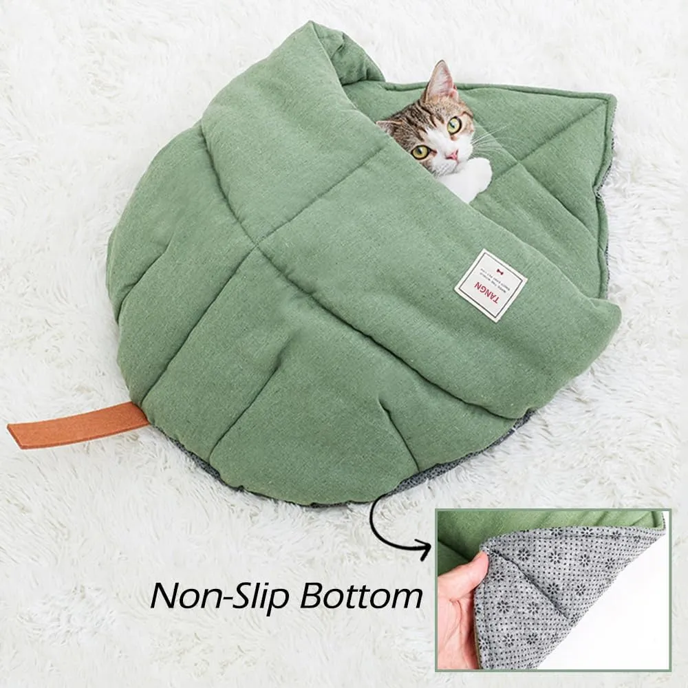 Cat Sleeping Bag,Linen Fabric Cat Bed Cave Leaf Nest Pet Cuddle Zone Covered Hide Hood Burrowing Cozy Soft Durable Washable with Non-Slip Bottom for Indoor Puppy and Kitten (Green)