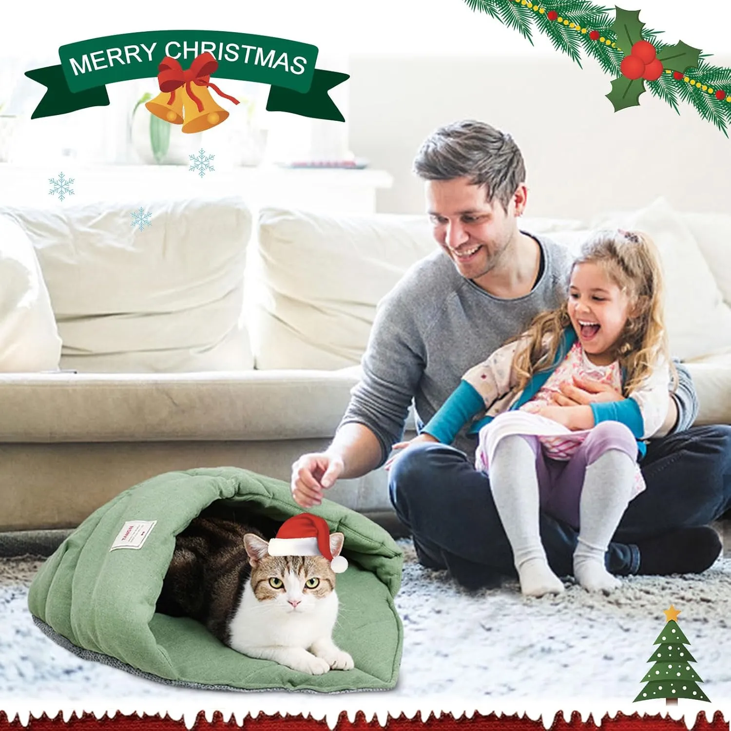 Cat Sleeping Bag,Linen Fabric Cat Bed Cave Leaf Nest Pet Cuddle Zone Covered Hide Hood Burrowing Cozy Soft Durable Washable with Non-Slip Bottom for Indoor Puppy and Kitten (Green)