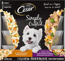 Cesar Simply Crafted Adult Soft Wet Dog Food Meal Topper, Chicken, Duck, Purple Potatoes, Pumpkin, Green Beans & Brown Rice and Chicken, Carrots, Barley & Spinach Multipack, 1.3oz (8 Count, Pack of 1)