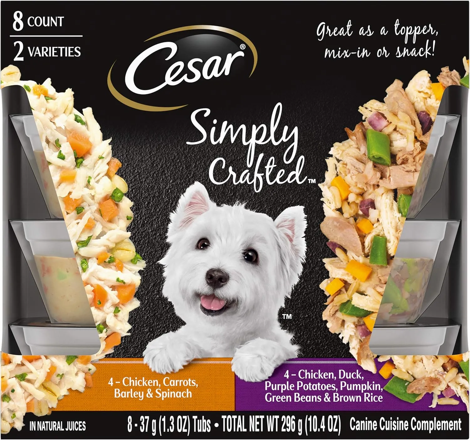 Cesar Simply Crafted Adult Soft Wet Dog Food Meal Topper, Chicken, Duck, Purple Potatoes, Pumpkin, Green Beans & Brown Rice and Chicken, Carrots, Barley & Spinach Multipack, 1.3oz (8 Count, Pack of 1)