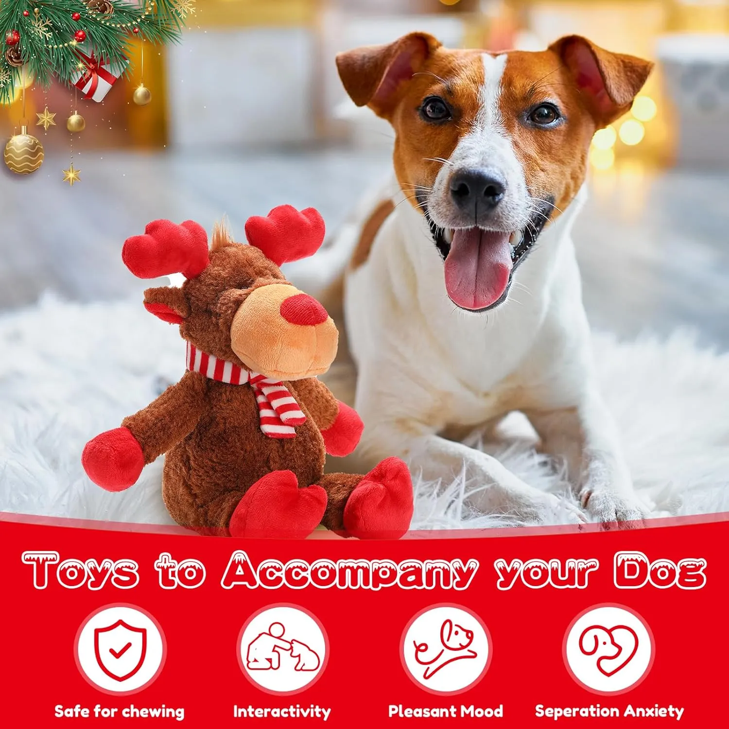 Christmas Squeaky Toys With Crinkle Paper, Plush Reindeer Interactive Stuffed Chew Toys, Gifts for Puppy, Small, Medium, Large Dogs