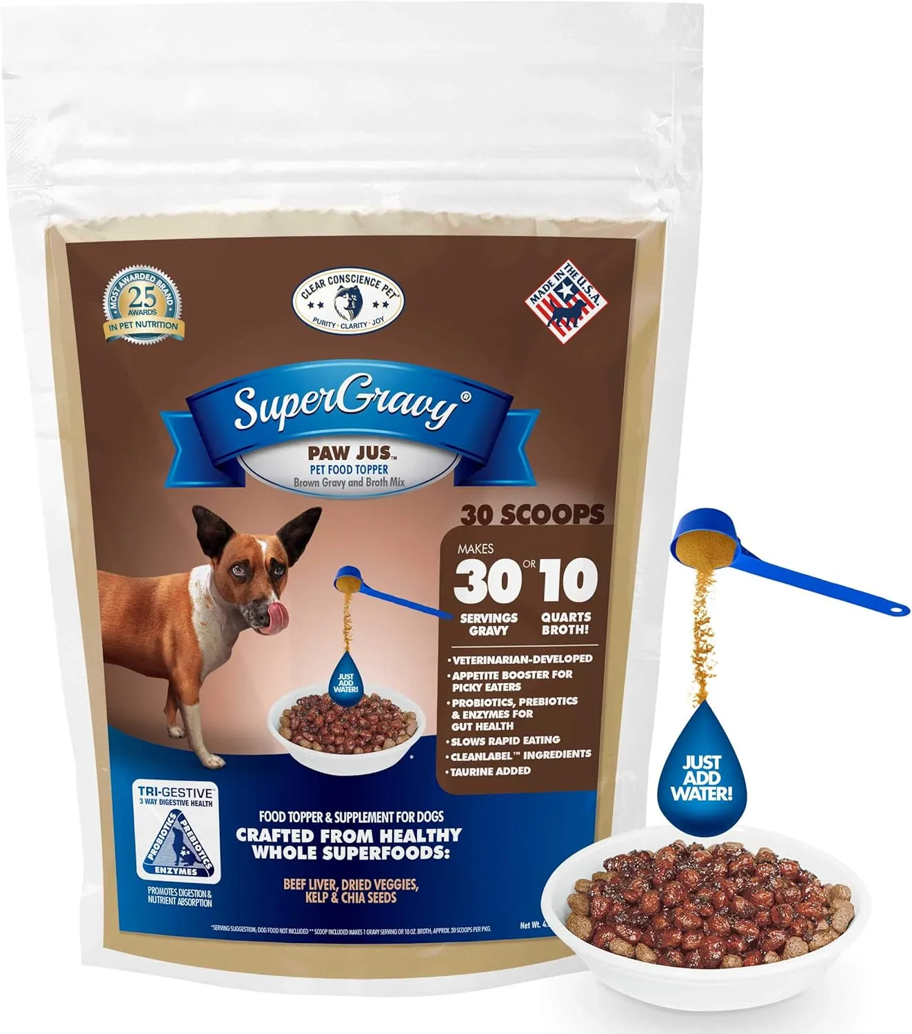 CLEAR CONSCIENCE PET Paw Jus SuperGravy  Natural Dog Food Gravy Topper  Hydration Broth Food Mix  Human Grade  Kibble Seasoning for Picky Eaters  Gluten & Grain Free (2.1 Ounce (Pack of 1))