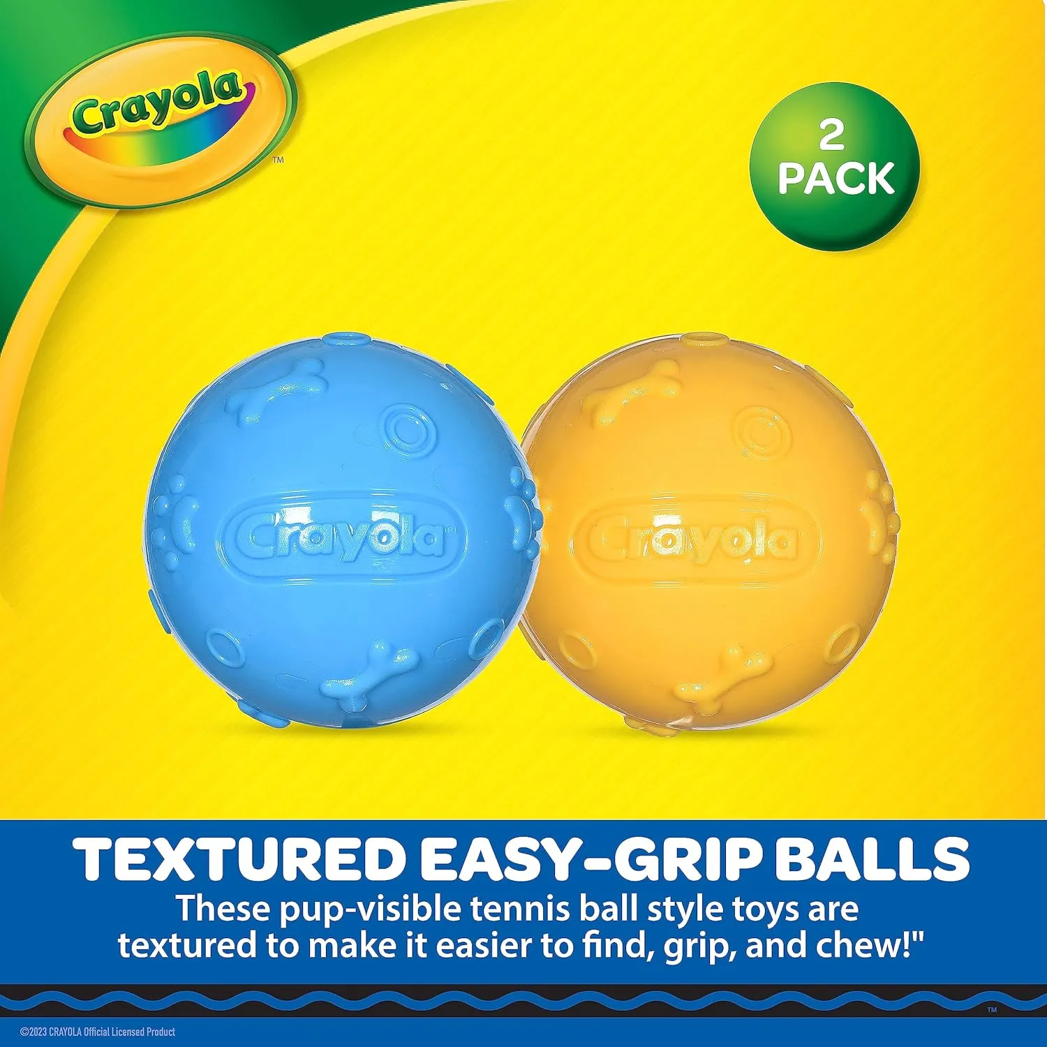Crayola for Pets 2pk Balls in Pup-Visible Colors Dogs See Best, Embossed Texture for Easy Grip Fetch and Chew, TPR, Rubber Chew Toys for Dogs, Yellow   Blue Tennis Ball Style Dog Toys