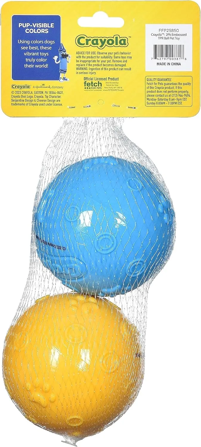Crayola for Pets 2pk Balls in Pup-Visible Colors Dogs See Best, Embossed Texture for Easy Grip Fetch and Chew, TPR, Rubber Chew Toys for Dogs, Yellow   Blue Tennis Ball Style Dog Toys