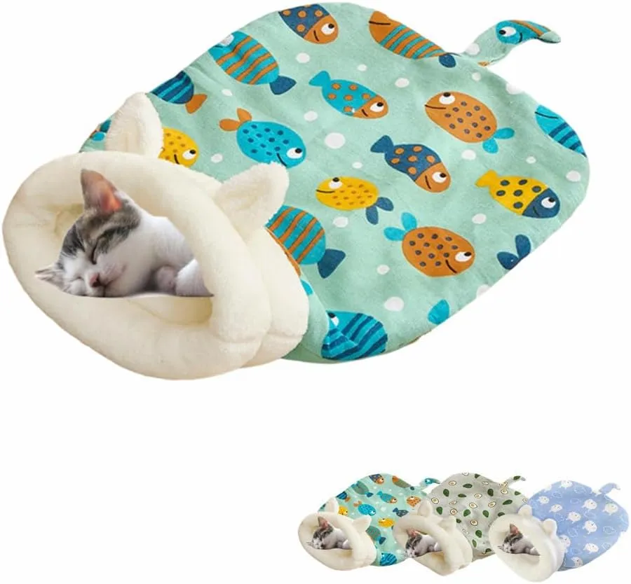 Cute Cat Sleeping Bag for Indoor Cats, Self Warming Cave Bed, Cozy Winter Hideaway for Puppy and Kitten (Green)