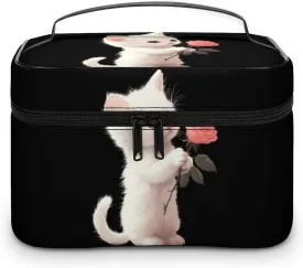 Cute Kitten Cat Holding A Rose Portable Makeup Bag Large Capacity Toiletry Receiving Cosmetic Bags With Handle And Divider