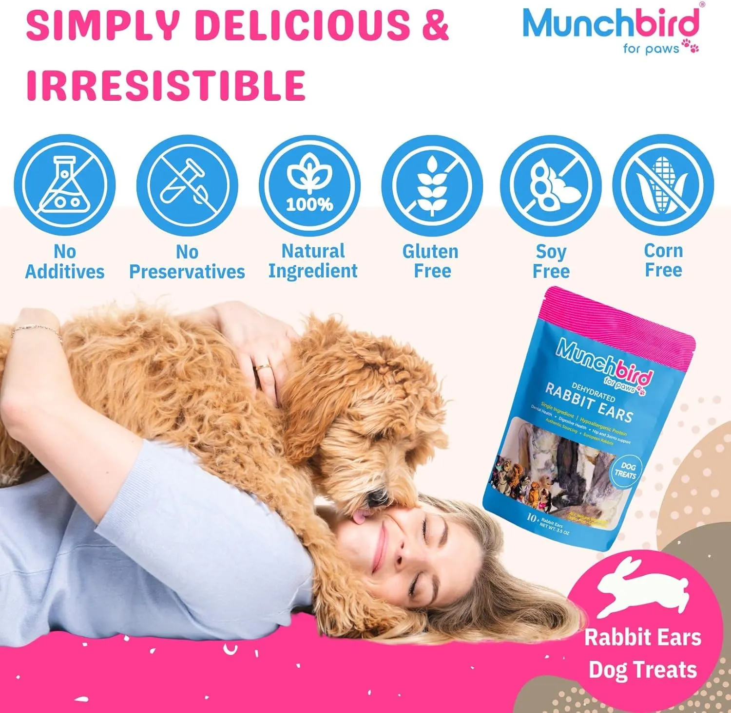 Dehydrated Rabbit Ears 100g (3.5 oz) 12-15 pcs for Dogs, European Furry Rabbit Ear Natural Fiber for Pets, Rawhide Free Alternative to Pig Ears Dog Treats, Ear Size Varies