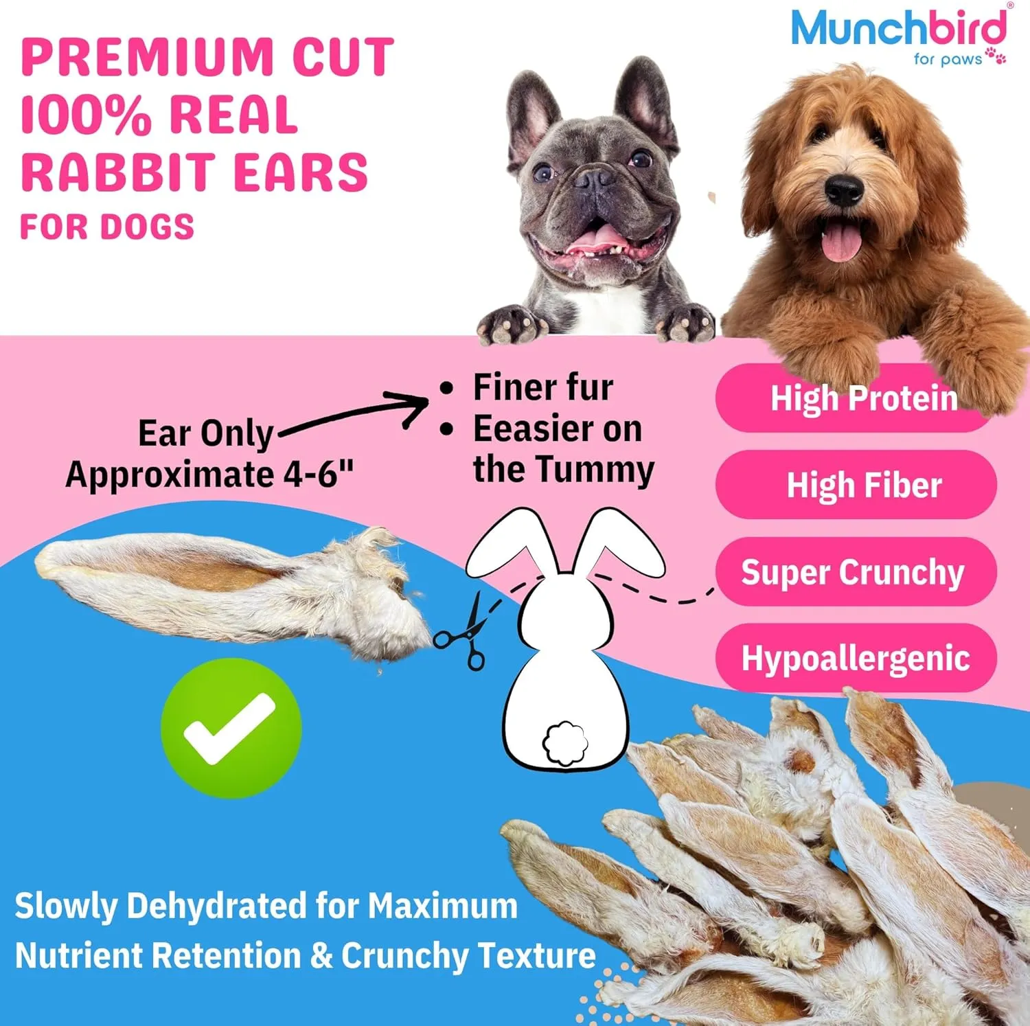 Dehydrated Rabbit Ears 100g (3.5 oz) 12-15 pcs for Dogs, European Furry Rabbit Ear Natural Fiber for Pets, Rawhide Free Alternative to Pig Ears Dog Treats, Ear Size Varies