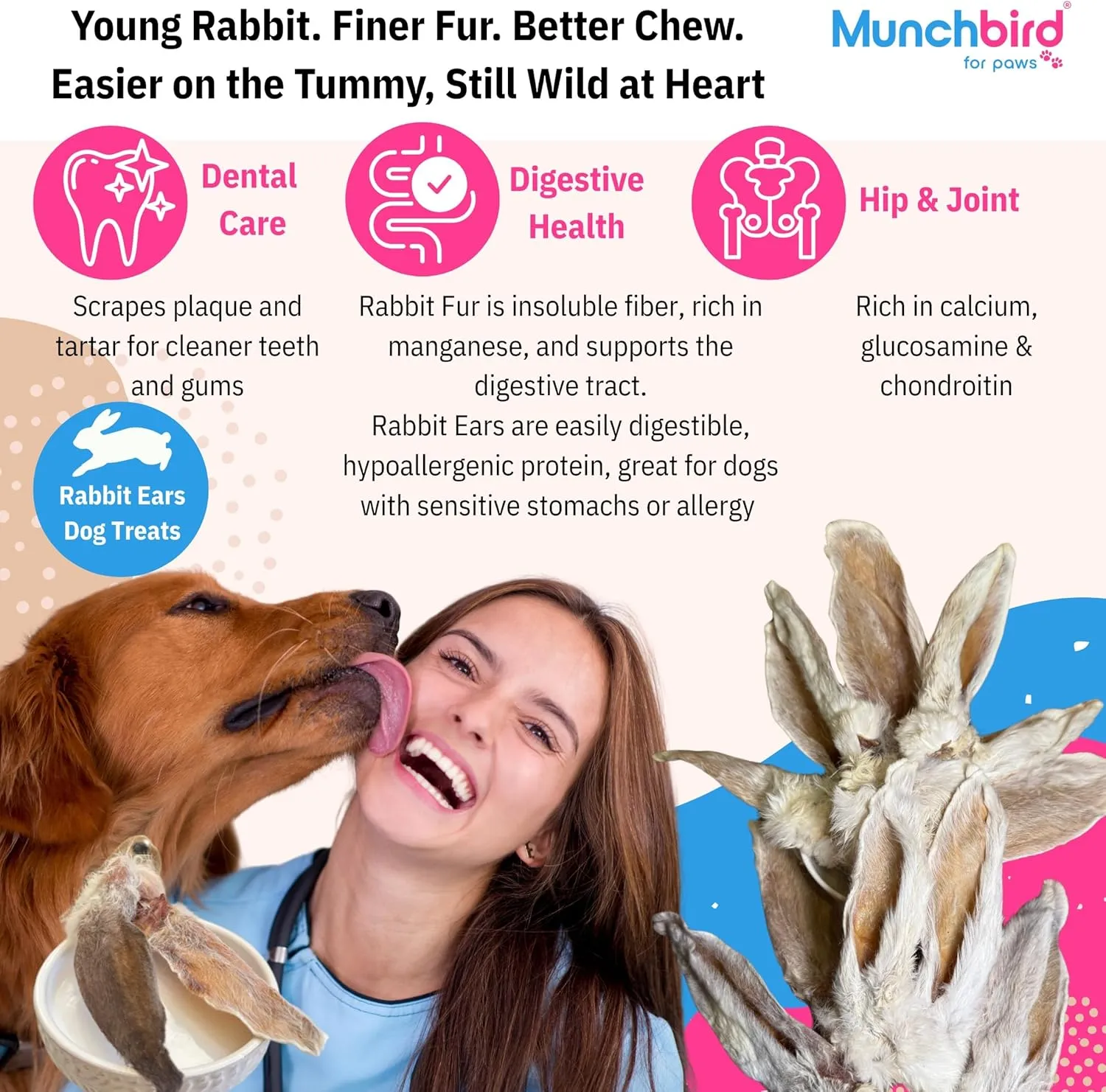 Dehydrated Rabbit Ears 100g (3.5 oz) 12-15 pcs for Dogs, European Furry Rabbit Ear Natural Fiber for Pets, Rawhide Free Alternative to Pig Ears Dog Treats, Ear Size Varies