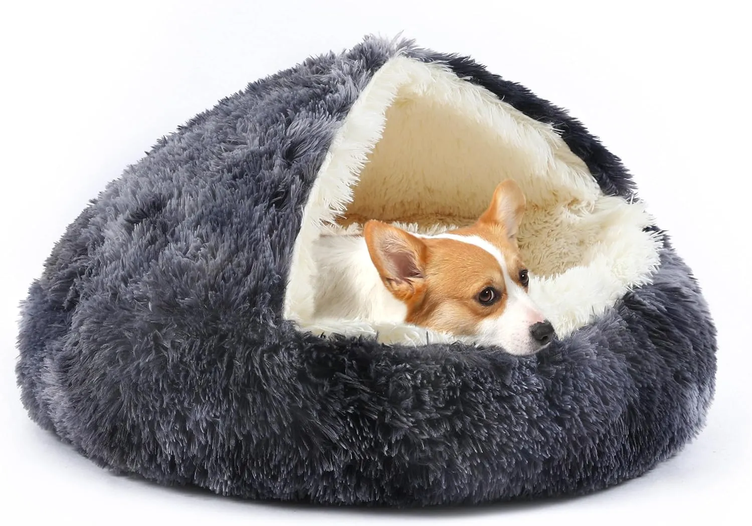 Dog Bed Round Hooded Plush Cat Cave Self Warming Pet Bed Donut Anti Anxiety Fluffy Pet Bed for Puppy and Kitty