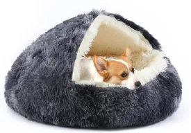 Dog Bed Round Hooded Plush Cat Cave Self Warming Pet Bed Donut Anti Anxiety Fluffy Pet Bed for Puppy and Kitty