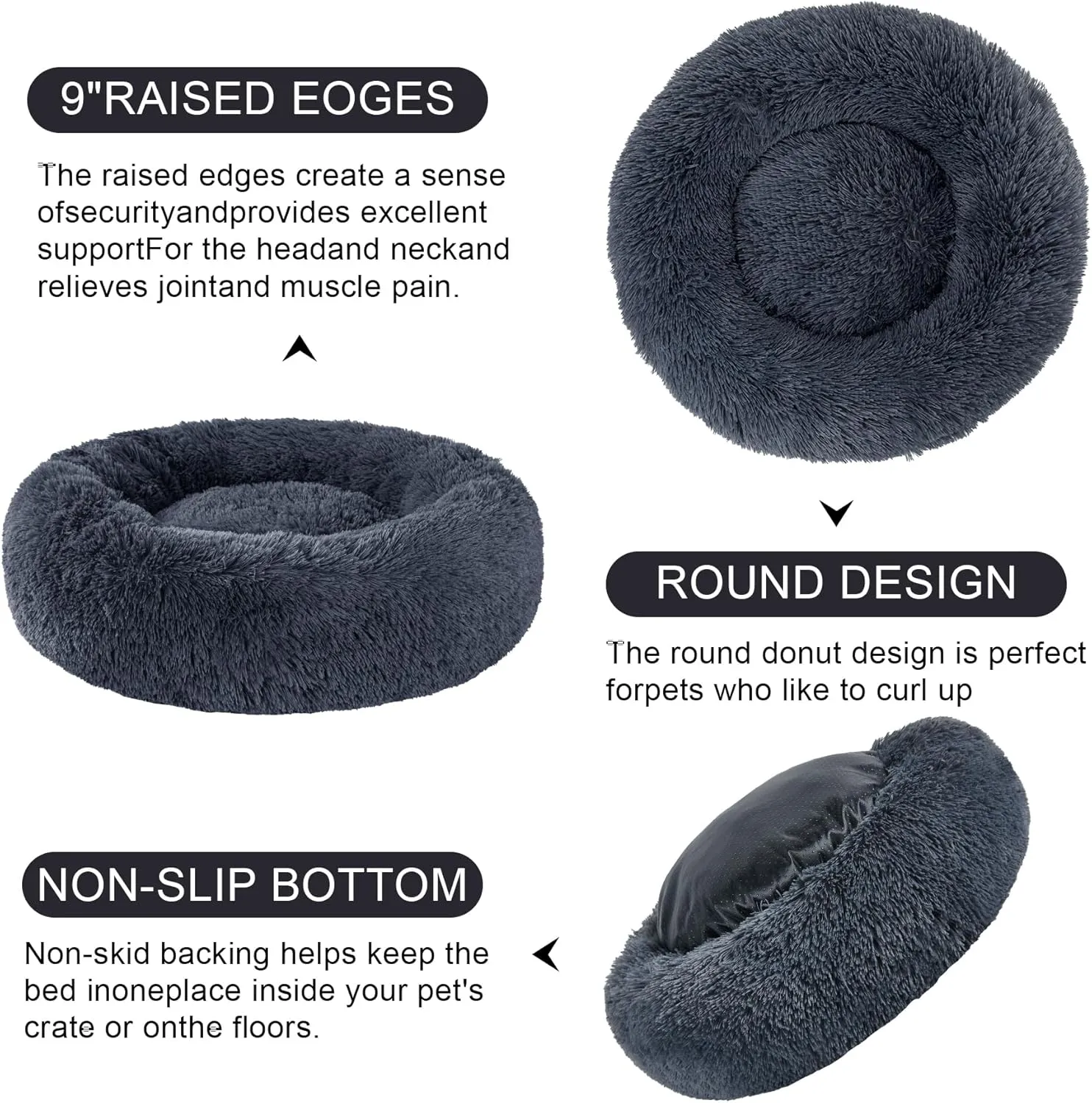 Dog Calming Beds for Small Medium Large Dogs - Round Donut Washable Puppy Dog Bed, Anti-Slip Faux Fur Fluffy Donut Cuddle Anxiety Cat Pet Bed(24" Dark Grey)
