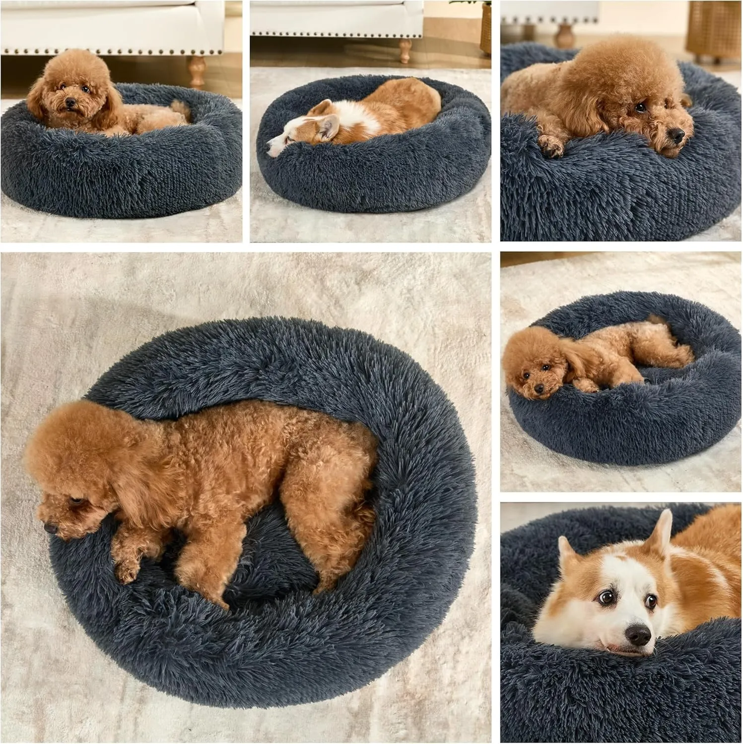 Dog Calming Beds for Small Medium Large Dogs - Round Donut Washable Puppy Dog Bed, Anti-Slip Faux Fur Fluffy Donut Cuddle Anxiety Cat Pet Bed(24" Dark Grey)