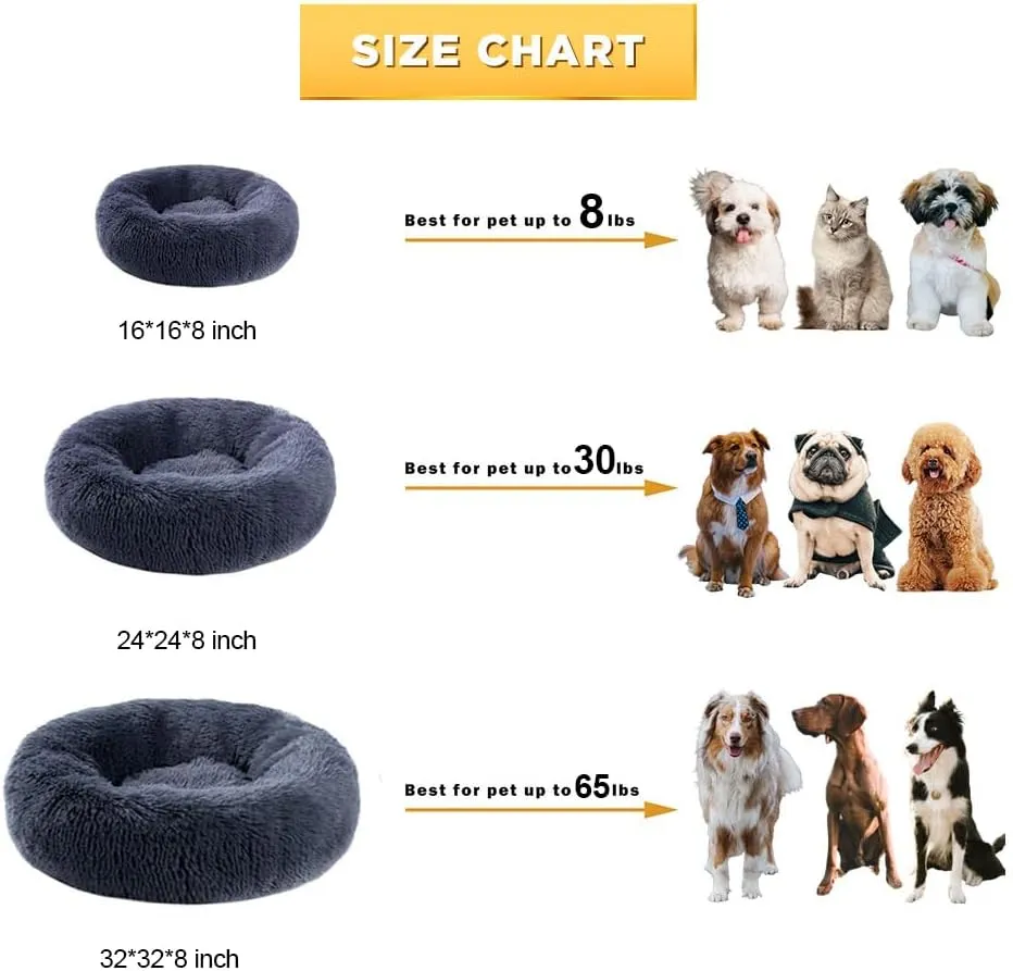 Dog Calming Beds for Small Medium Large Dogs - Round Donut Washable Puppy Dog Bed, Anti-Slip Faux Fur Fluffy Donut Cuddle Anxiety Cat Pet Bed(24" Dark Grey)