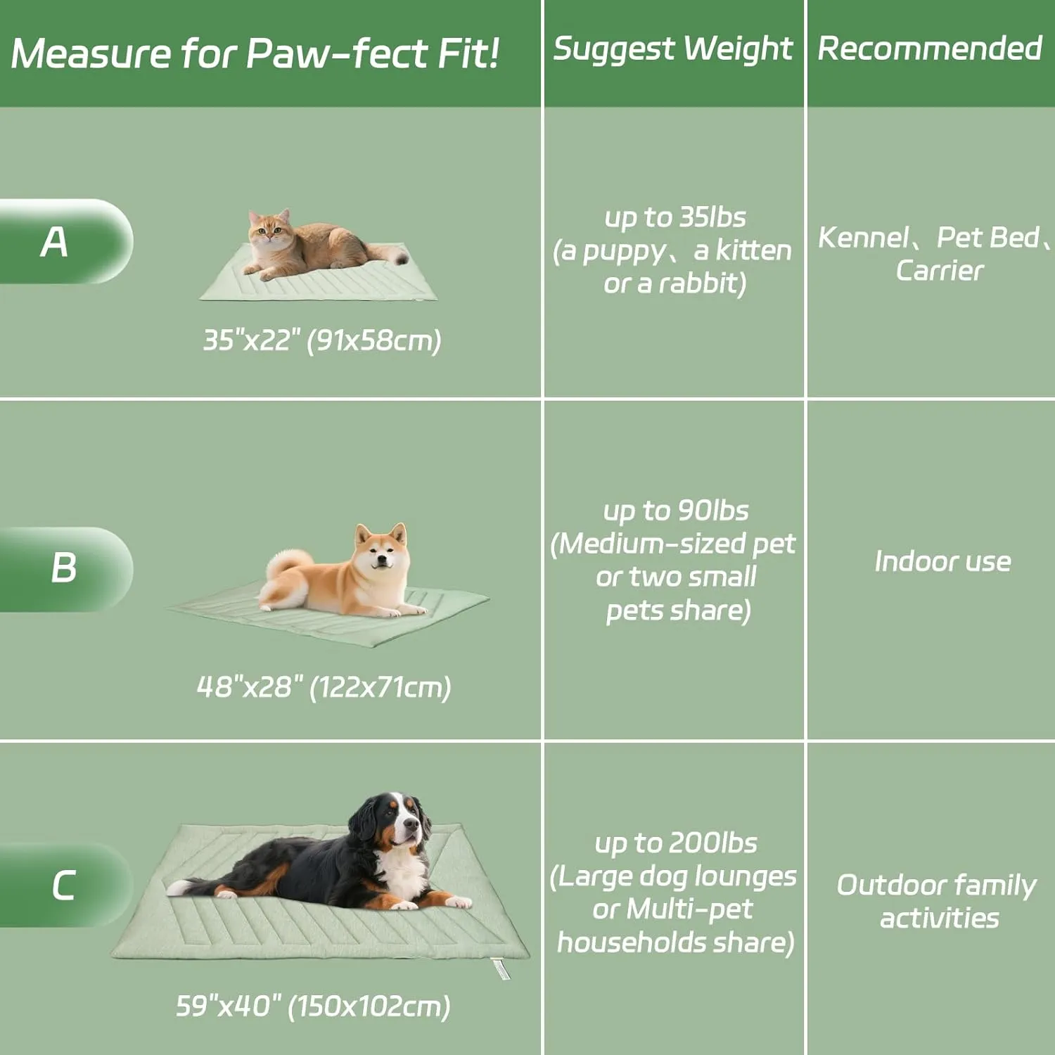 Dog Cooling Mat Ice Green, 91X58cm No Gel, Cool Fabric Top & Velvet Back Cat Blanket, Washable, Dog Cooling Pad Available in 3 Sizes, Summer Relief for Dogs & Cats-A Size