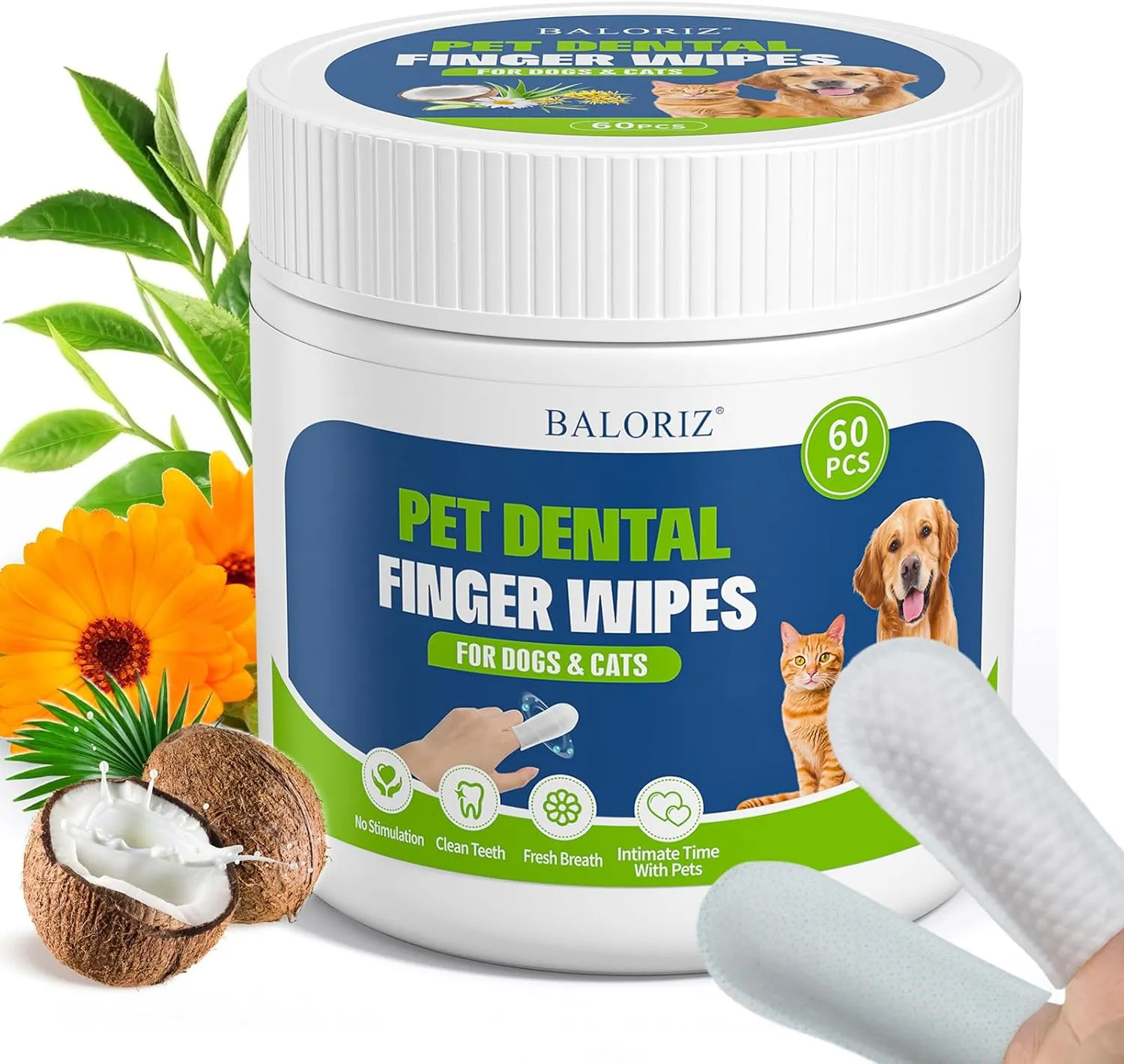 Dog Dental Care Finger Wipes, Dog Teeth Cleaning Wipes for Dogs & Cats, Dental Care Reduces Plaque & Freshens Breath, Disposable Finger Toothbrush Gentle Pet Dental Wipes, 60 Count