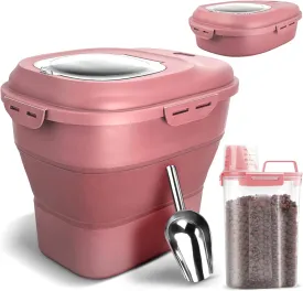 Dog Food Storage Container, Airtight Collapsible 13lb to 30lb Pet Food Container with Flip Top, Rolling Wheel, Scoop and a small container for Dog Cat Food and Dry Food of Rice, Flour