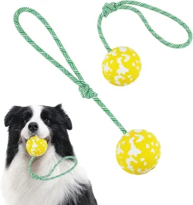 Dog Toy Ball on Rope, Aggressive Chewers Heavy Duty Ball - Nature Bamboo Fiber & Rubber, Chew/Tug/Fetch - Training, Reward and Exercise Toy -Small Medium Breeds Yellow S
