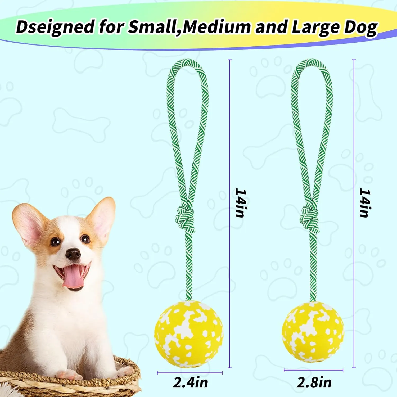 Dog Toy Ball on Rope, Aggressive Chewers Heavy Duty Ball - Nature Bamboo Fiber & Rubber, Chew/Tug/Fetch - Training, Reward and Exercise Toy -Small Medium Breeds Yellow S