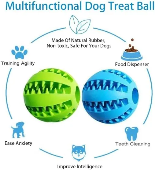 Dog Treat Toy Ball, Dog Tooth Cleaning, Toy Interactive Dog Toys, Dog Puzzle Teething Toys Ball, Pack of 2 (Blue & Green, 2.75" 7cm)