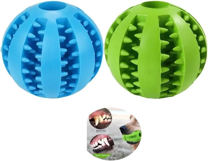 Dog Treat Toy Ball, Dog Tooth Cleaning, Toy Interactive Dog Toys, Dog Puzzle Teething Toys Ball, Pack of 2 (Blue & Green, 2.75" 7cm)