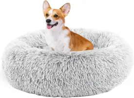 DUMOS Calming Donut Cat & Dog Bed for Small Medium Dogs, Machine Washable Cuddle Warming Cozy Fluffy Faux Fur Plush Round Dog Bed, Anti-Anxiety Waterproof Anti-Slip Pet Bed, 20/24/30/36 inches