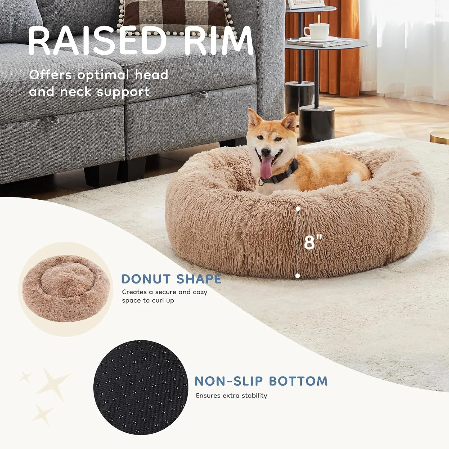 DUMOS Calming Donut Dog Bed for Small Dogs, Machine Washable Cuddle Warming Cozy Fluffy Faux Fur Plush Round Dog Bed, Anti-Anxiety Waterproof Anti-Slip Pet Bed, 20 inches