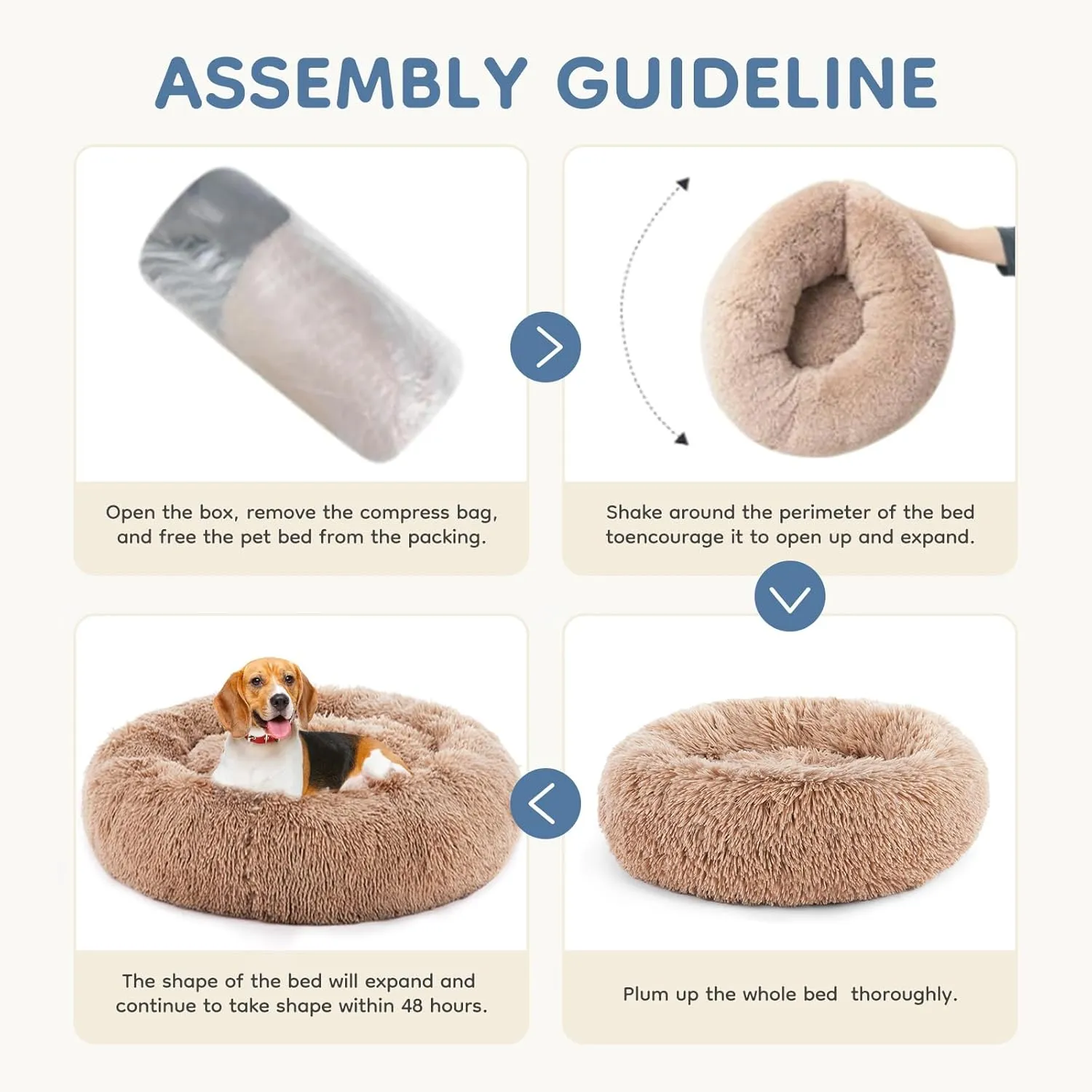 DUMOS Calming Donut Dog Bed for Small Dogs, Machine Washable Cuddle Warming Cozy Fluffy Faux Fur Plush Round Dog Bed, Anti-Anxiety Waterproof Anti-Slip Pet Bed, 20 inches