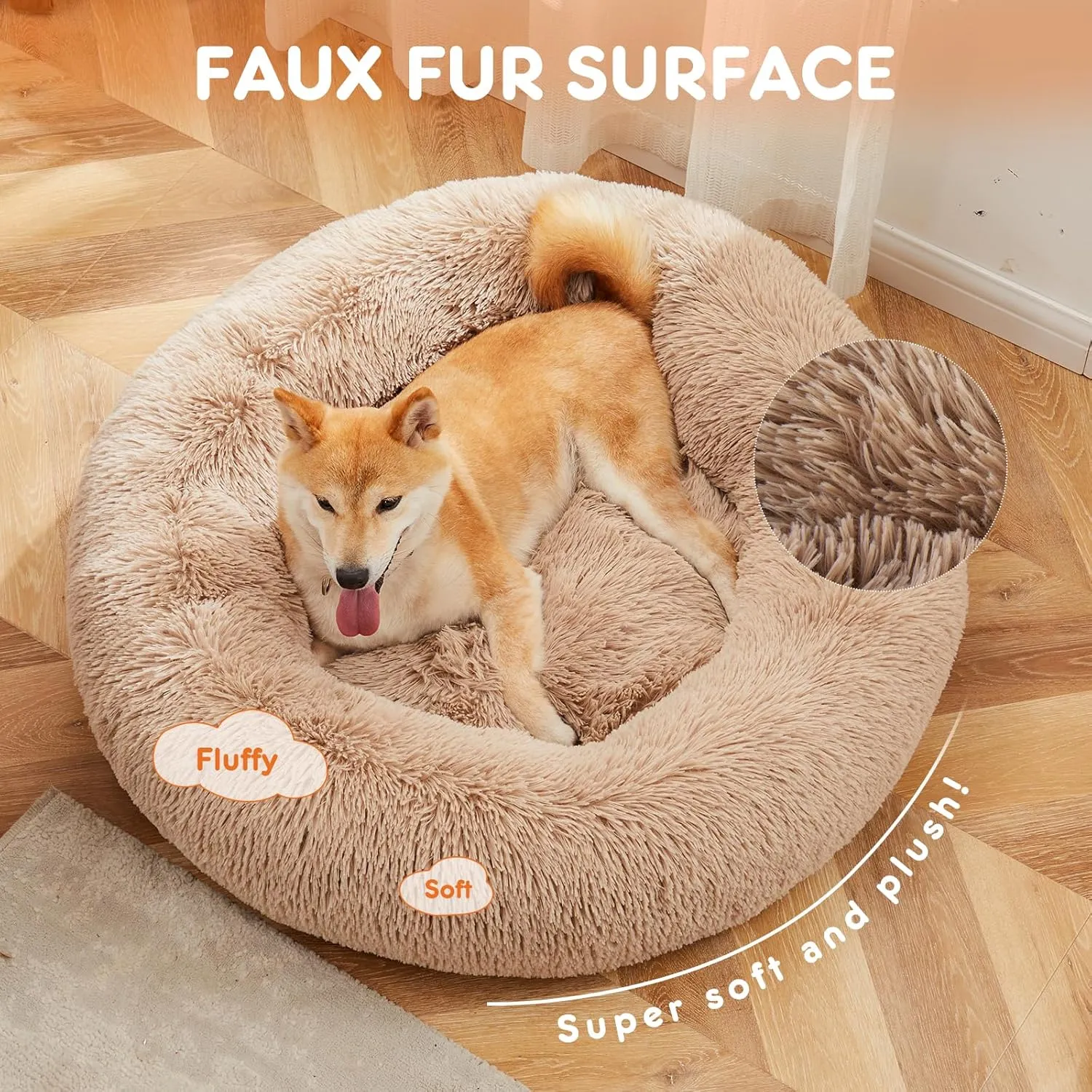 DUMOS Calming Donut Dog Bed for Small Dogs, Machine Washable Cuddle Warming Cozy Fluffy Faux Fur Plush Round Dog Bed, Anti-Anxiety Waterproof Anti-Slip Pet Bed, 20 inches