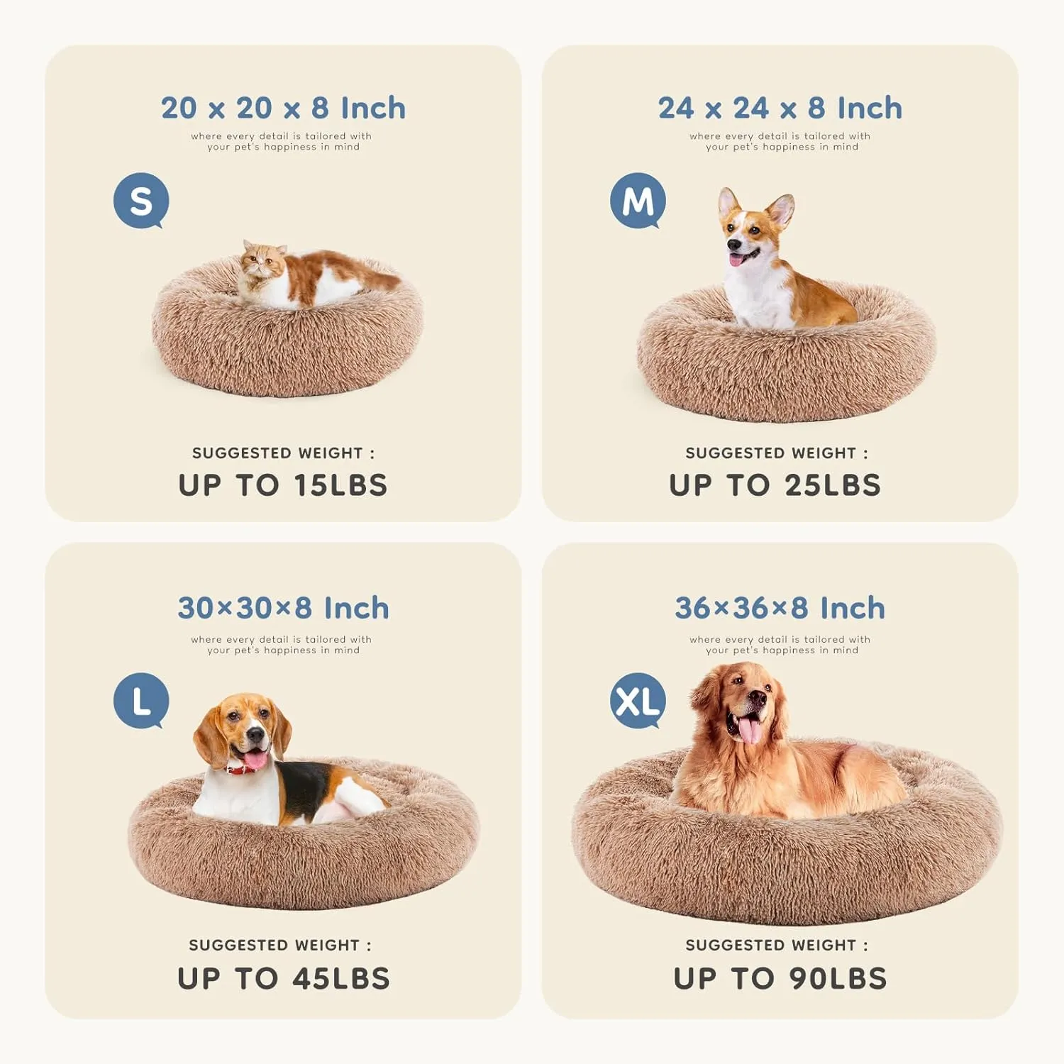 DUMOS Calming Donut Dog Bed for Small Dogs, Machine Washable Cuddle Warming Cozy Fluffy Faux Fur Plush Round Dog Bed, Anti-Anxiety Waterproof Anti-Slip Pet Bed, 20 inches