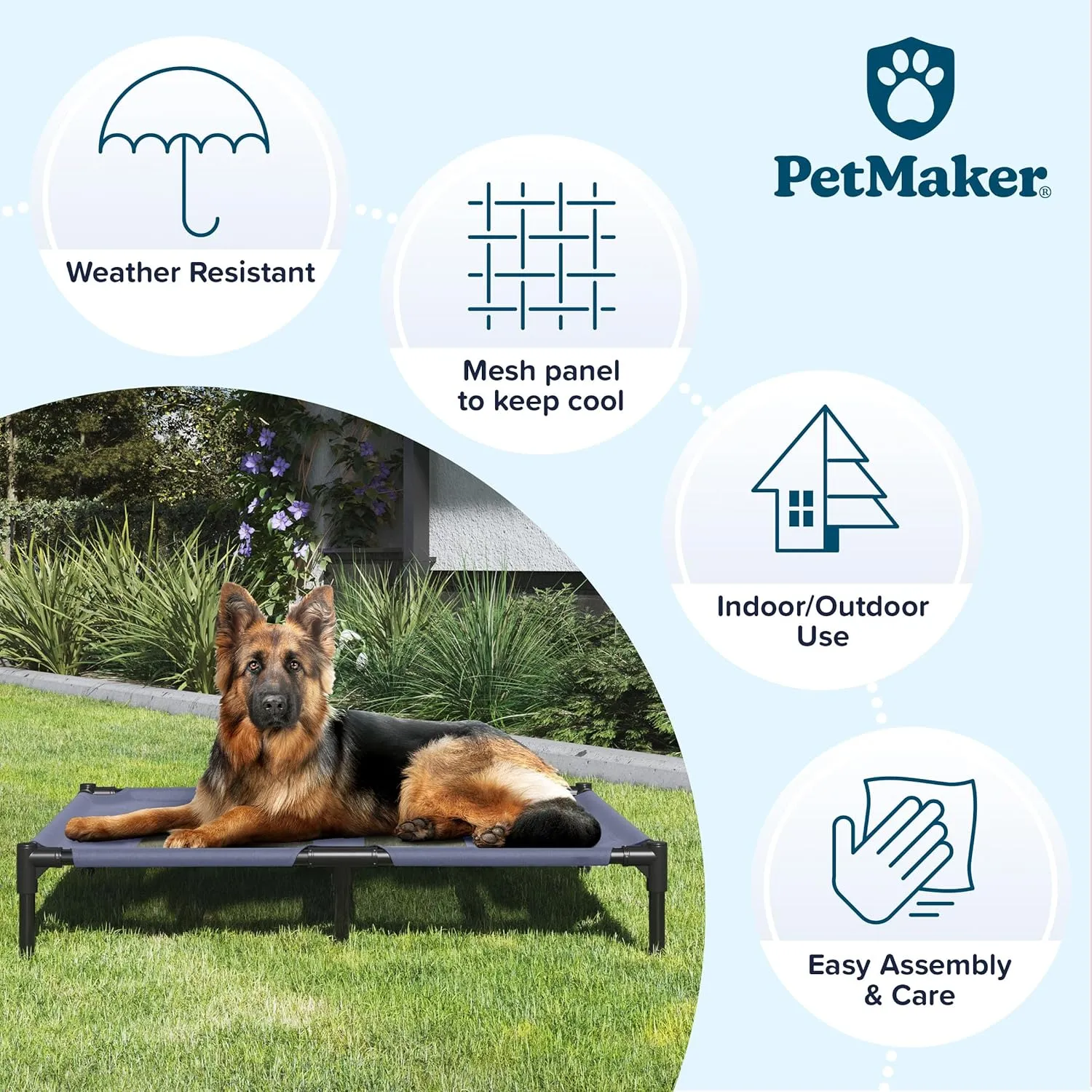 Elevated Dog Bed - 36x29.75-Inch Portable Pet Bed with Non-Slip Feet - Indoor/Outdoor Dog Cot or Puppy Bed for Pets up to 80lbs by PETMAKER (Blue)