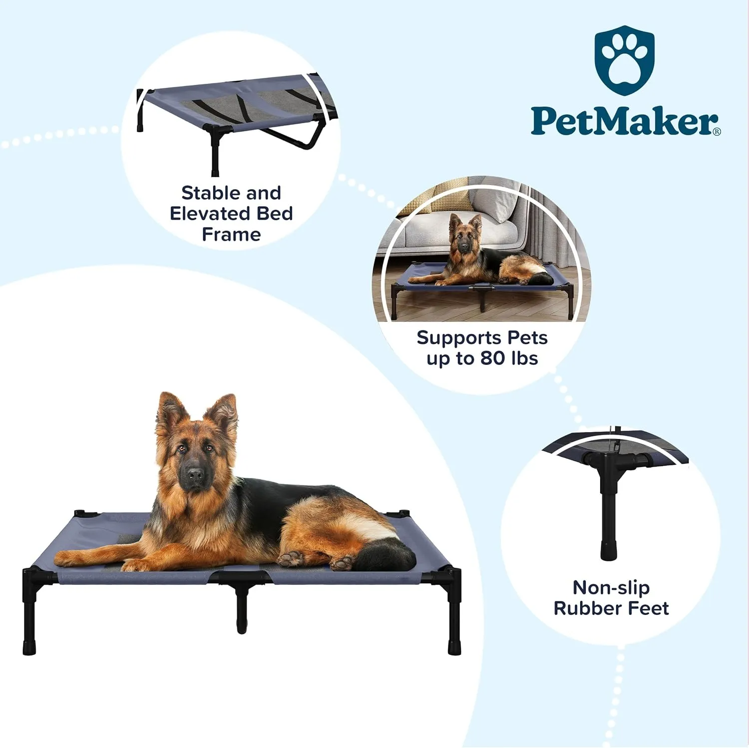 Elevated Dog Bed - 36x29.75-Inch Portable Pet Bed with Non-Slip Feet - Indoor/Outdoor Dog Cot or Puppy Bed for Pets up to 80lbs by PETMAKER (Blue)
