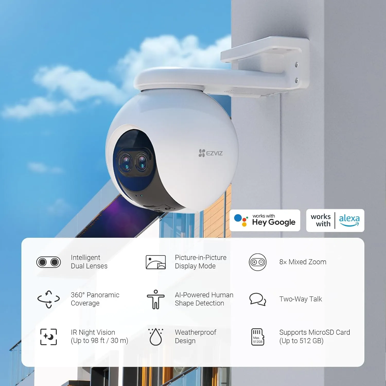 EZVIZ Security Camera Outdoor, 1080P Pan/Tilt/Zoom WiFi Camera, 8 Mixed Zoom and AI-Powered Person Detection Security Cam, IP65 Waterproof, Support MicroSD Card up to 512GB | C8PF