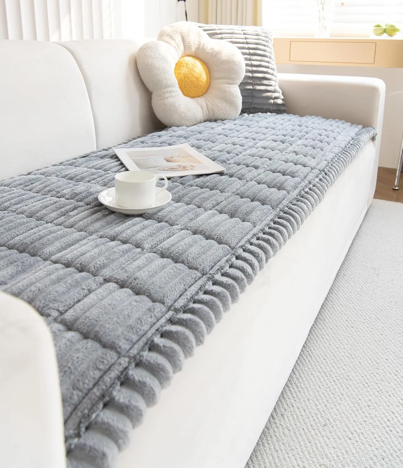 Faux Fur Plush Dog Couch Cover 3D Stripe Fuzzy Sofa Cover Non-Slip Fluffy Dog Bed Cover Pet Blanket Sofa Couch Furniture Protector for Puppy Large Dog Cat (Light Grey,28"x70")