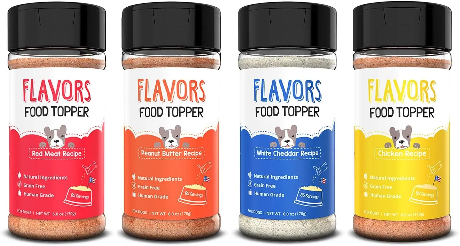 Flavors Food Topper for Dogs - All 4 Recipes Gift Pack - Natural, Grain Free - Perfect Kibble Seasoning and Hydrating Treat Mix for Picky Dog - Pack of 4-6.0oz Bottles