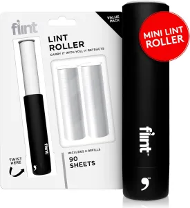 Flint Classic Black Retractable Mini Lint Roller with 90 Extra Sticky Sheets, Small and Portable Lint Roller, Ideal Pet Hair Remover, Travel Lint Rollers for pet Hair Extra Sticky