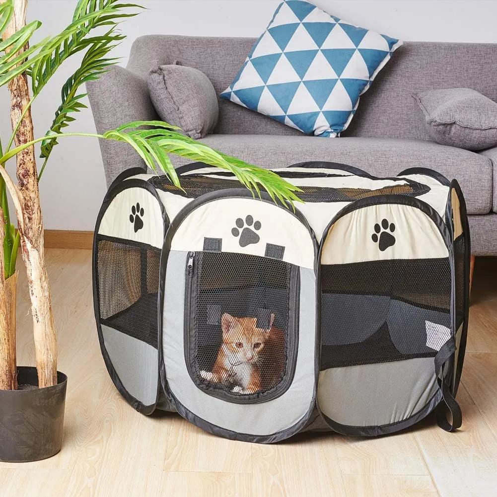 Foldable Pet Dog Playpen, Pop Up Portable Cat Playpen, Indoor/Outdoor for Kitten Puppy Play Pen, Cats Crate Tent with Carrying Bag, 600D Oxford (Beige   Grey, Small, 8)