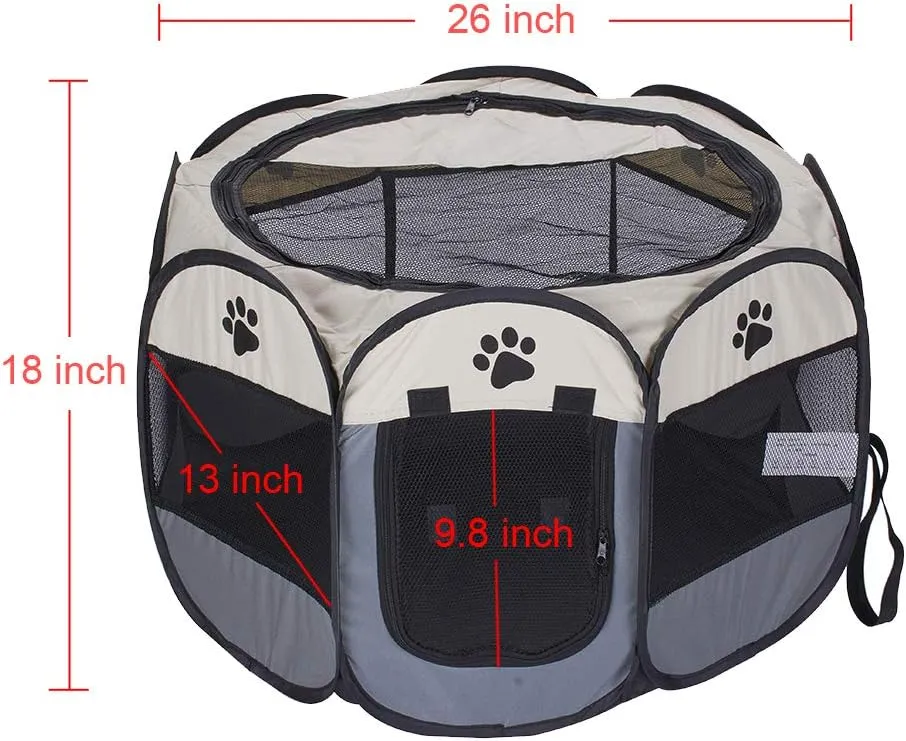 Foldable Pet Dog Playpen, Pop Up Portable Cat Playpen, Indoor/Outdoor for Kitten Puppy Play Pen, Cats Crate Tent with Carrying Bag, 600D Oxford (Beige   Grey, Small, 8)