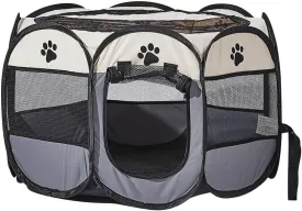 Foldable Pet Dog Playpen, Pop Up Portable Cat Playpen, Indoor/Outdoor for Kitten Puppy Play Pen, Cats Crate Tent with Carrying Bag, 600D Oxford (Beige   Grey, Small, 8)