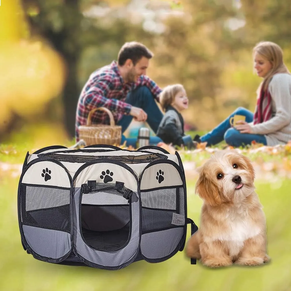 Foldable Pet Dog Playpen, Pop Up Portable Cat Playpen, Indoor/Outdoor for Kitten Puppy Play Pen, Cats Crate Tent with Carrying Bag, 600D Oxford (Beige   Grey, Small, 8)