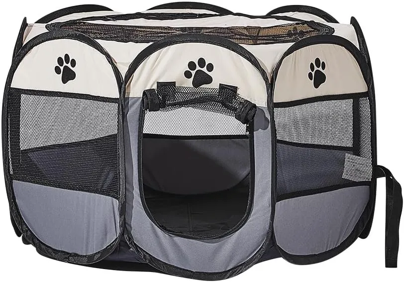 Foldable Pet Dog Playpen, Pop Up Portable Cat Playpen, Indoor/Outdoor for Kitten Puppy Play Pen, Cats Crate Tent with Carrying Bag, 600D Oxford (Beige   Grey, Small, 8)