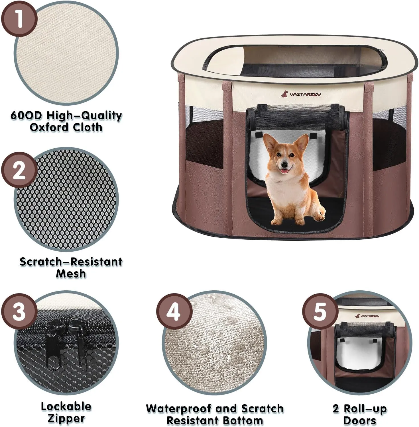 Foldable Pet Playpen,Cat Puppy Playpen,Portable Dog Cage Soft Portable Exercise Kennel Tent,Puppy Kitten Pen Indoors/Outdoors Pet Tent Fence (Medium (32"*24"*22"), Coffee)
