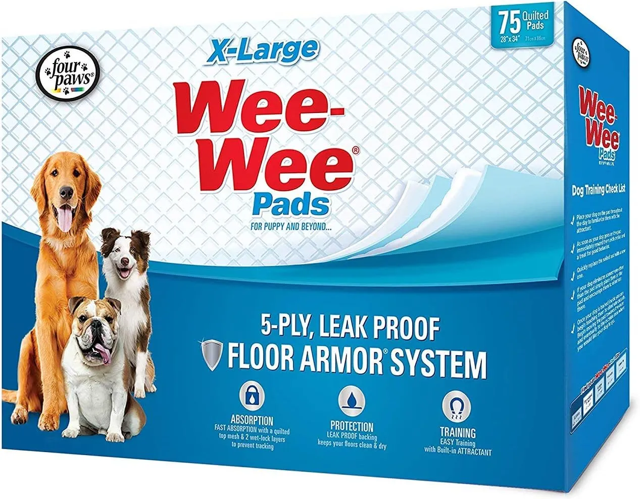 Four Paws Wee-Wee Pads for Dogs, X-Large 28x34 Inch, 75 Count, 2 Pack