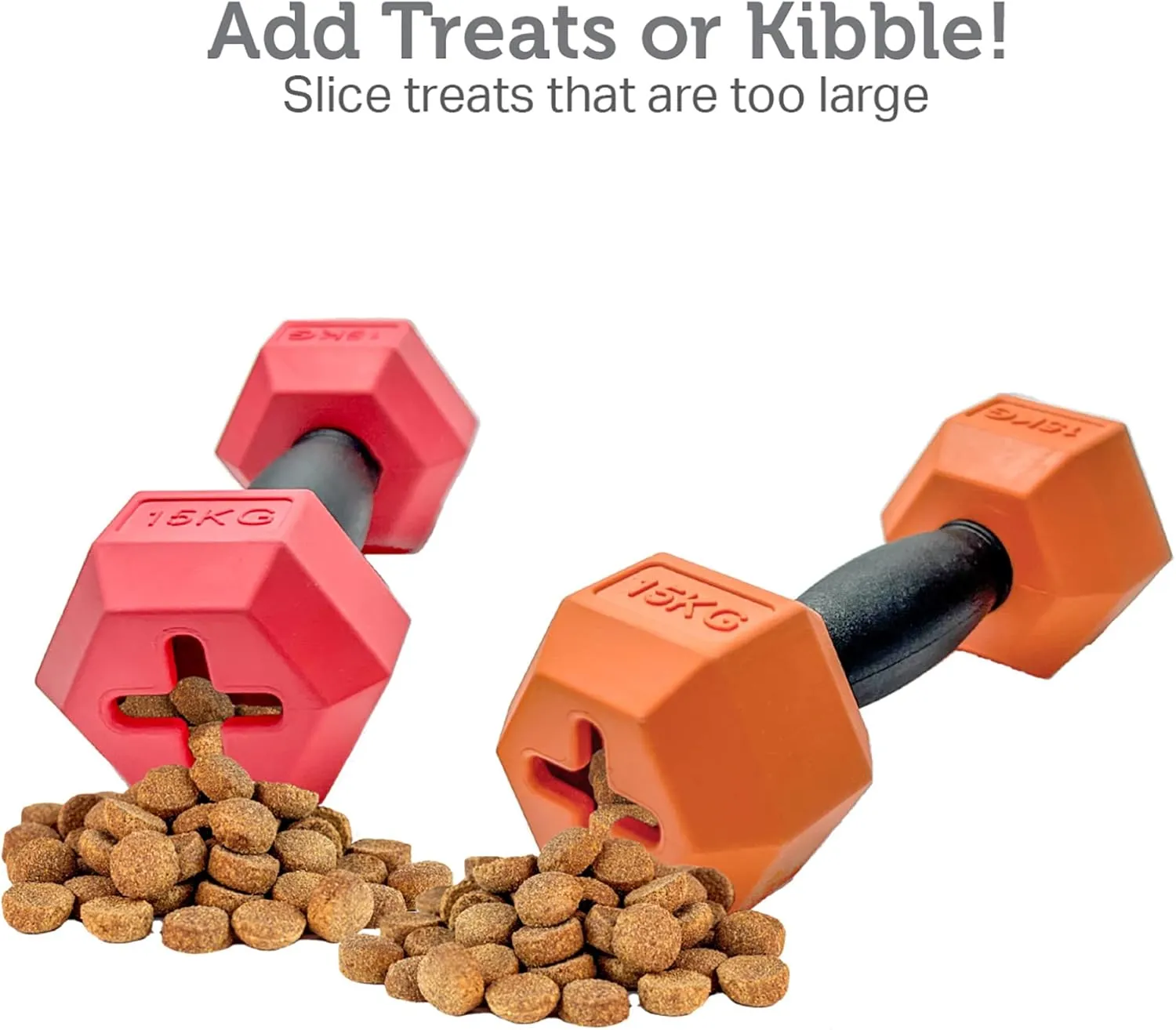 Friends Forever Dog Chew Toy, Interactive Treat Dispensing Toys, Dog Puzzle Fun Indoor Play, Non-Toxic Durable Natural Rubber, Pink/Orange 2 Piece, Dumbbell