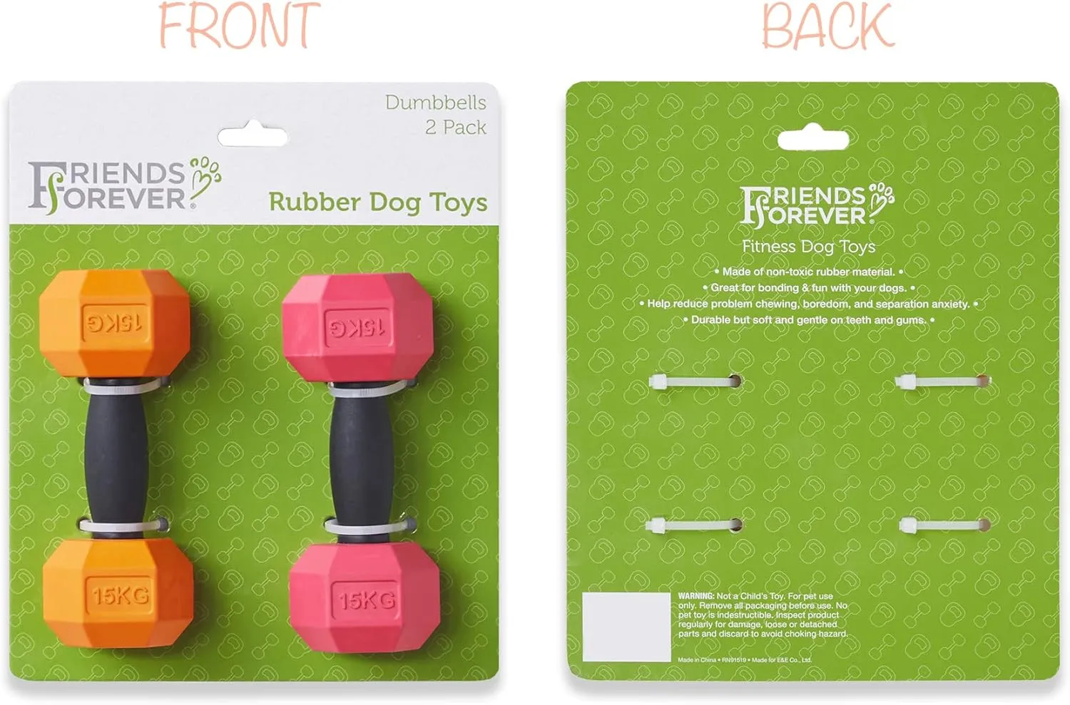 Friends Forever Dog Chew Toy, Interactive Treat Dispensing Toys, Dog Puzzle Fun Indoor Play, Non-Toxic Durable Natural Rubber, Pink/Orange 2 Piece, Dumbbell