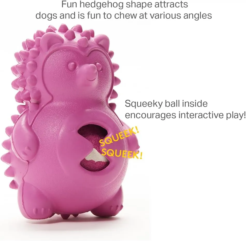 Friends Forever Squeaky Dog Toys with Tennis Ball, Tough Dog Chew Toys, Interactive Puppy Toy with Natural Rubber, Rose Red Hedgehog