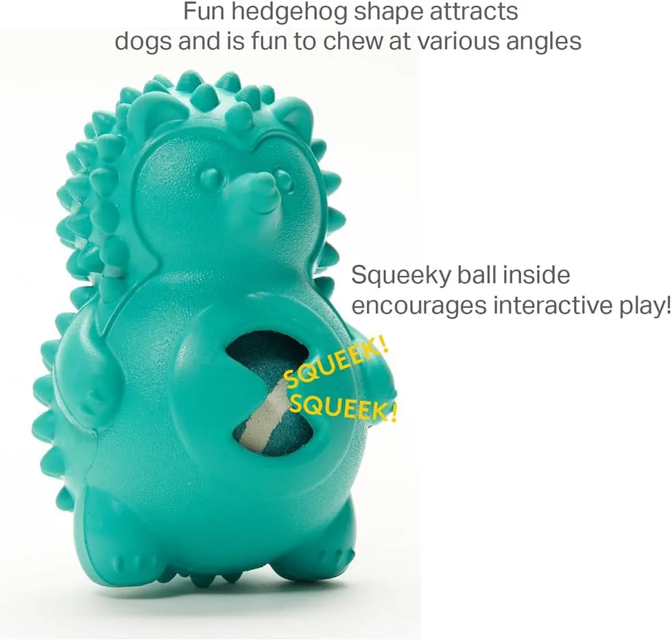 Friends Forever Squeaky Dog Toys with Tennis Ball, Tough Dog Chew Toys, Interactive Puppy Toy with Natural Rubber, Teal Hedgehog