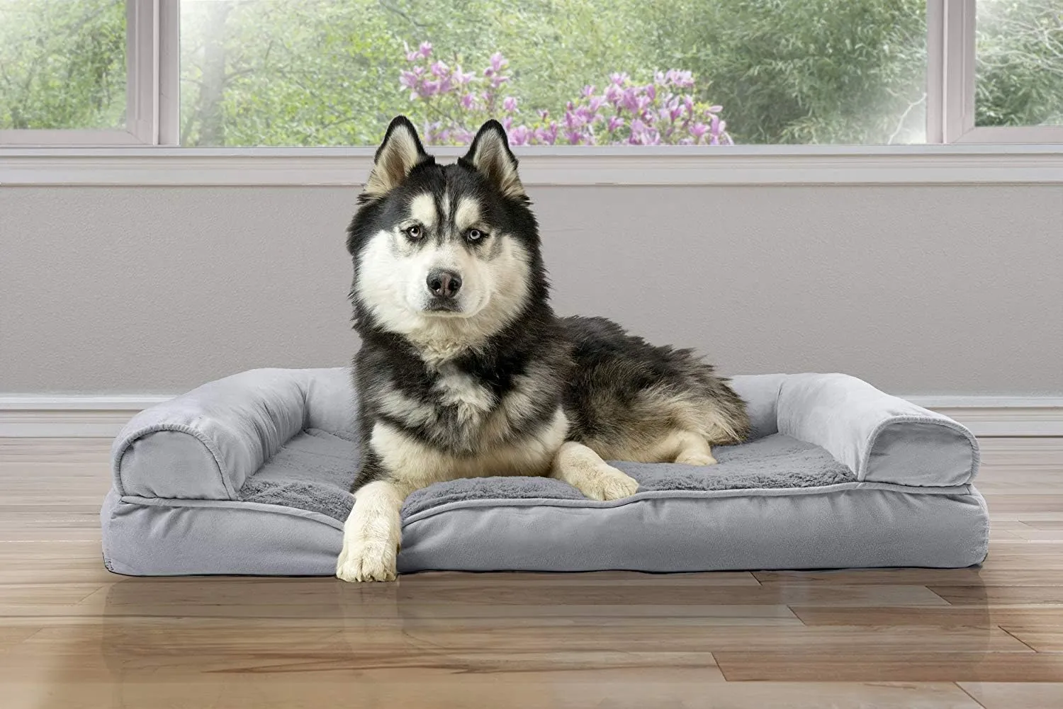 Furhaven Cooling Gel Dog Bed for Large Dogs w/ Removable Bolsters & Washable Cover, For Dogs Up to 95 lbs - Plush & Suede Sofa - Gray, Jumbo/XL